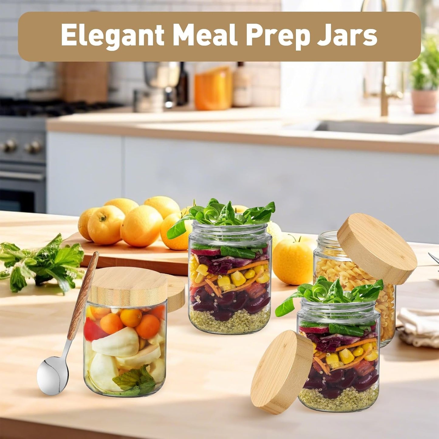 16oz 4 Pack,Overnight Overnight Oats jars Oats Containers with Bamboo Lids for Meal Prep,Wide mouth Mason Glass Salad