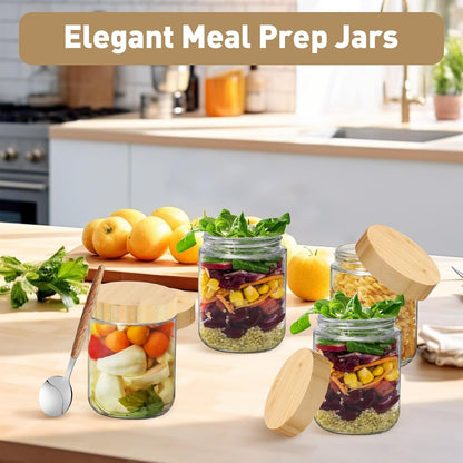 16oz 4 Pack,Overnight Overnight Oats jars Oats Containers with Bamboo Lids for Meal Prep,Wide mouth Mason Glass Salad