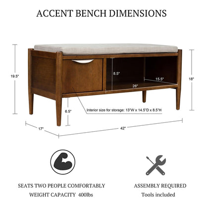 Ink+Ivy Arcadia Entryway Accent Bench with Shelf Shoe Rack, Padded Seating Bench for Living Room, Modern Compact Bed End Bench with Storage for Bedroom Seating, Removable Cushion, 42" W, Walnut Brown