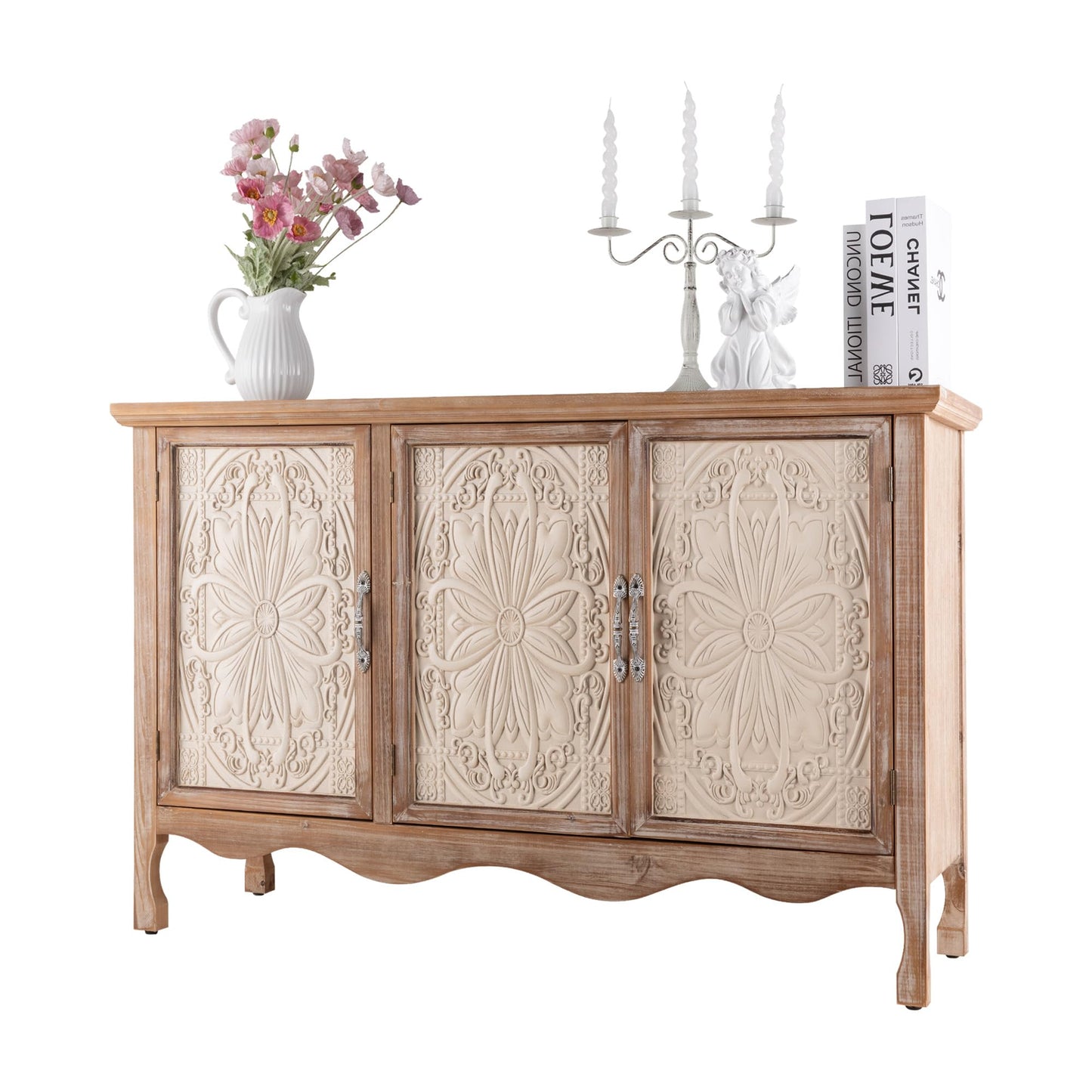 FansaFurn Accent Storage Cabinet with 3 Carved Doors and Shelves, Farmhouse Sideboard Buffet Sideboard with Storage, Wood Kitchen Cabinet for Living Room, Entryway, Dining Room and Kitchen, Natural