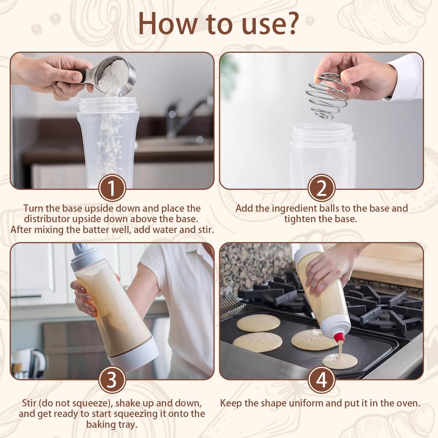 2 Packs of Pancake Batter Dispenser,1000ml Squeeze Pancake Dispenser Mixer Bottle with Stainless Steel wire whisk Ball,Suitable for Pancakes Crepes Waffle Muffins Qatayef Cupcak