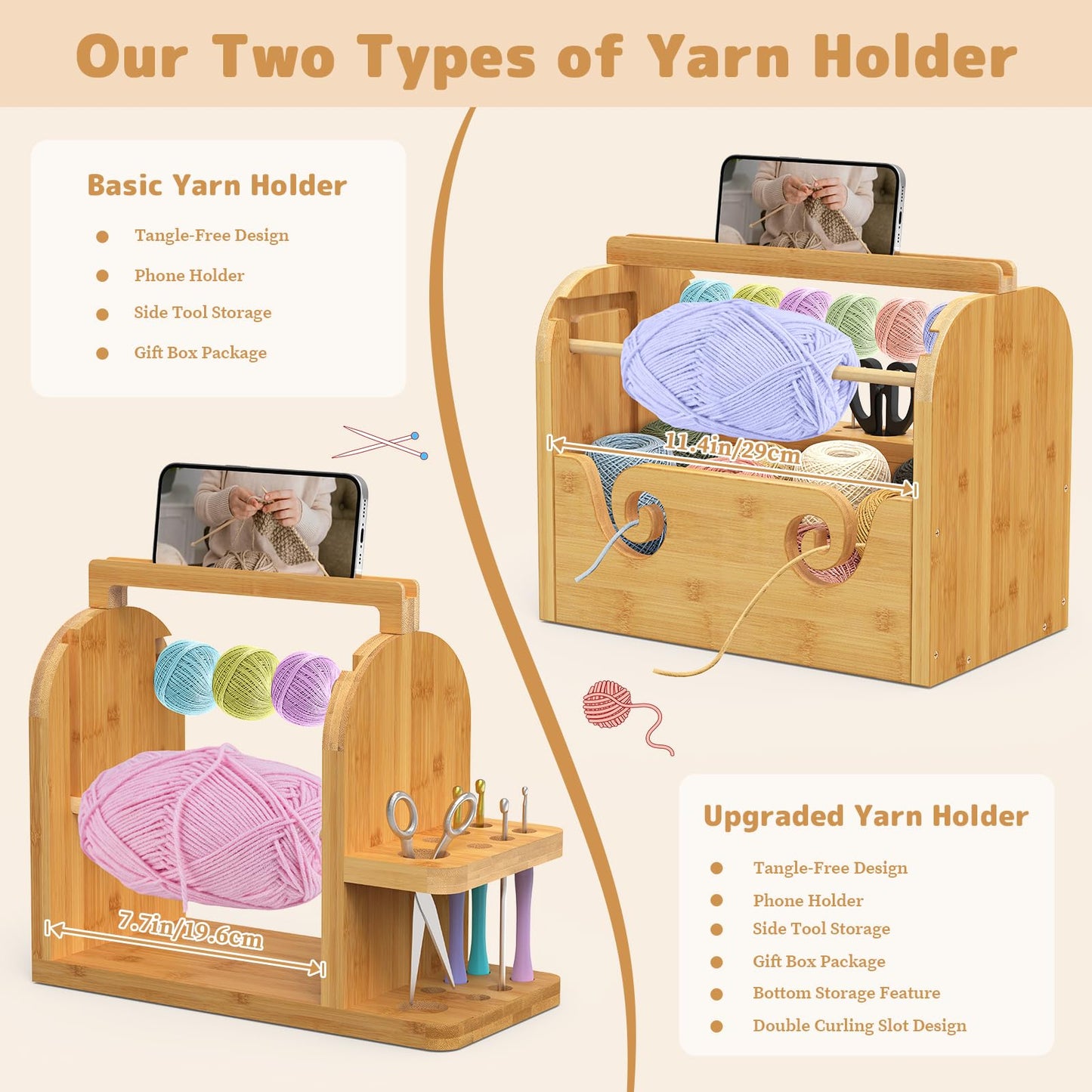 sandpaint Yarn Holder for Crocheting, Durable Bamboo Wood Yarn Storage Organizer with Built-in Phone Stand, Tangle-Free Dual Rods & Tool Holder, Ideal Crochet Accessories for Skein, Cake, Ball Yarn