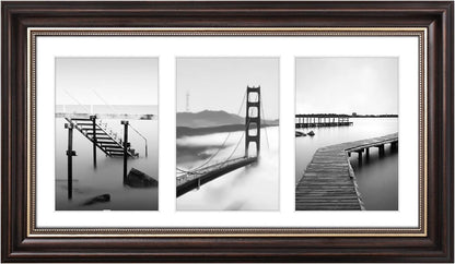 Space Art Deco 7x14 Collage Picture Frame with 3 Openings for Three 4x6 Photos or 7x14 Prints, Dark Brown/Ornate Gold