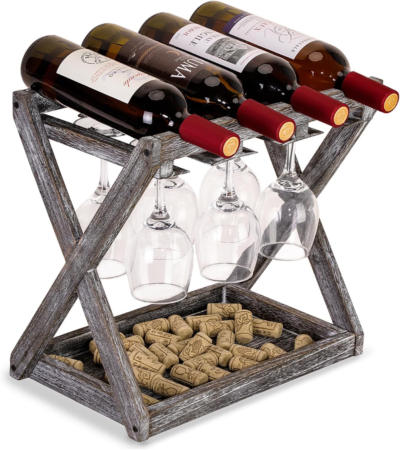 WDSHIYI 4 6 Countertop Rustic Wood Wine Rack for Bottles and Stemware Glass Holder- Wine Racks with Glass Holder, Home