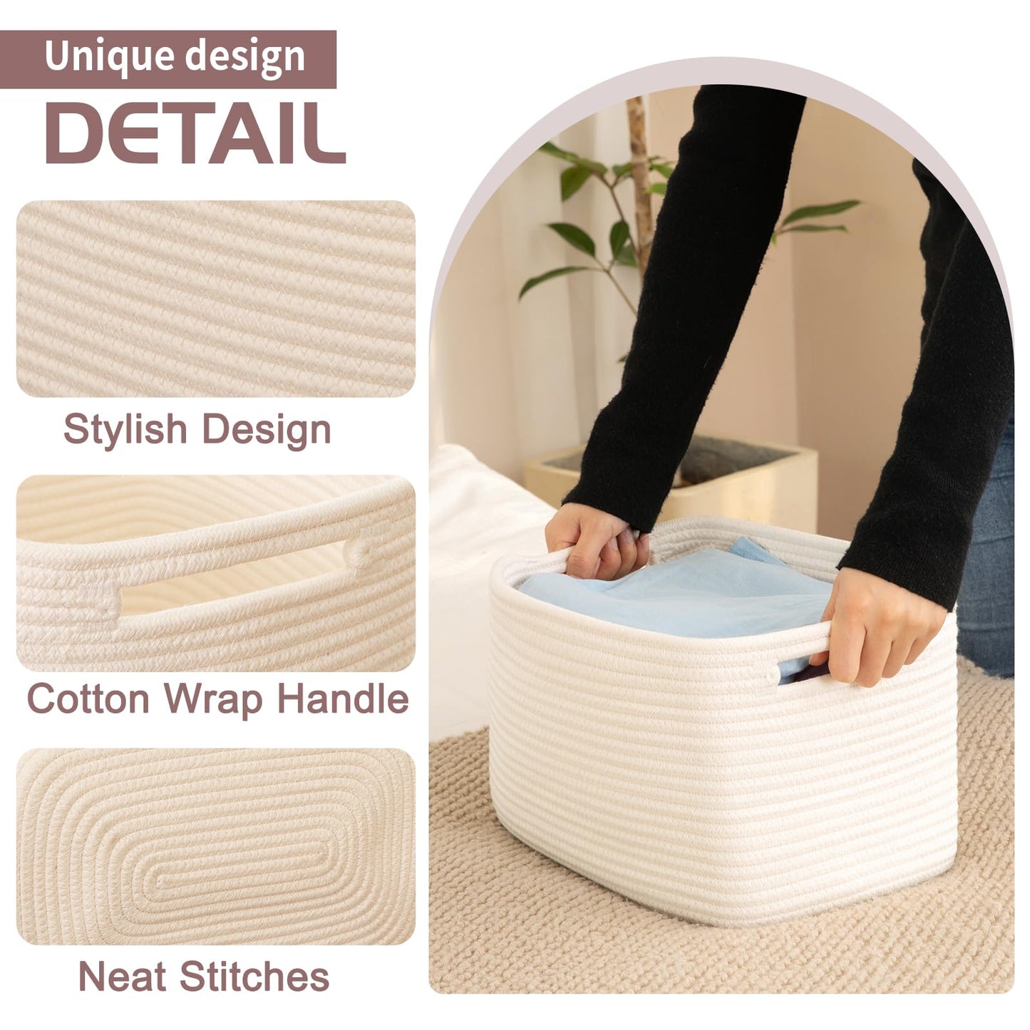 OIAHOMY 4 Pack Storage Baskets for Organizing, Cube Storage Bins for Shelves, Rectangle Storage Baskets With Handles, Woven Baskets for Storage, 16''Lx12''Wx8''H, White