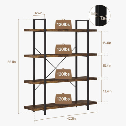 OtterOasis Bookshelf Set, Heavy Duty 4-Tier Industrial Bookcase, 47" Wide Wood Bookshelf for Home Office, 120lbs Shelf Capacity, Rustic Open Display with Horizontal Shelf for Living Room Bedroom