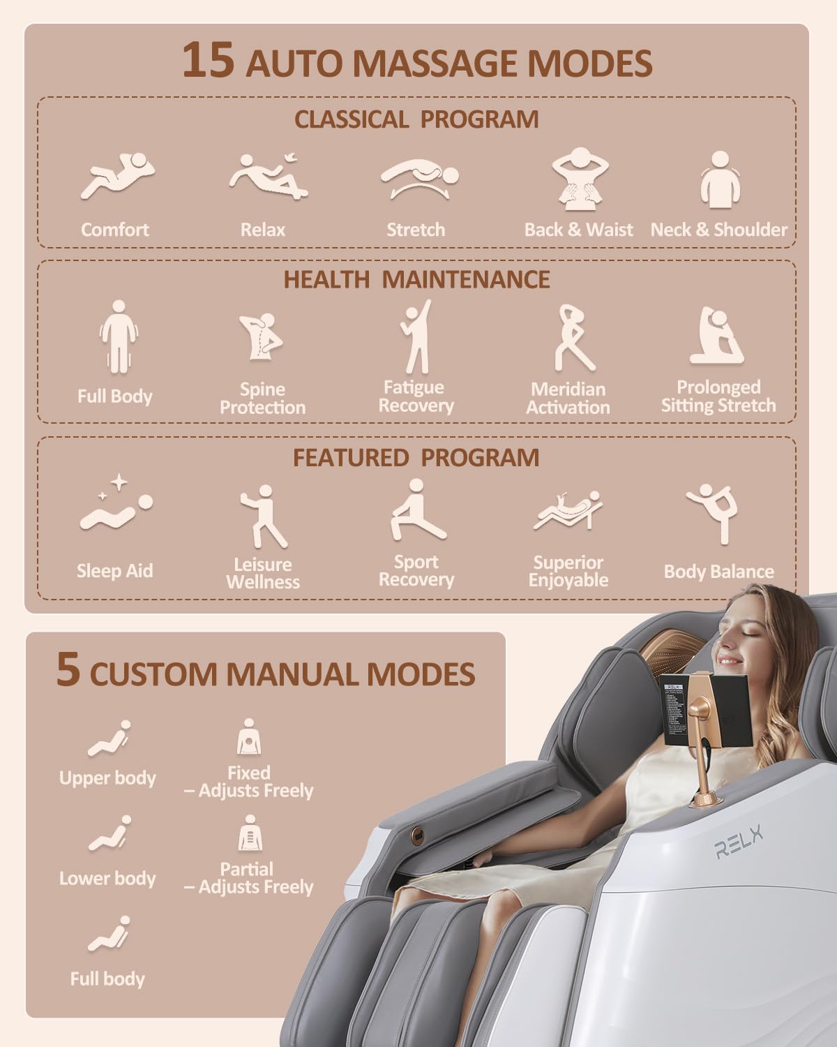 RELX 2026 Massage Chair Full Body, 20 Modes Zero Gravity SL-Track Shiatsu Massage Chair Built-in Heat System, Airbag Massage with Body Scan, Deep Yoga Stretch, Calfrest Extension and AI Control(White)