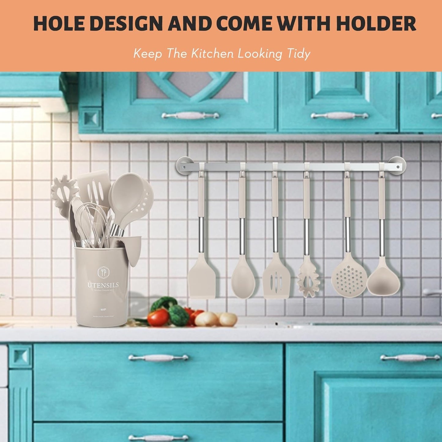 Kitchen Utensils Set 28 pcs, Hvygss Silicone Cooking Utensils with Stainless Steel Handle, Khaki