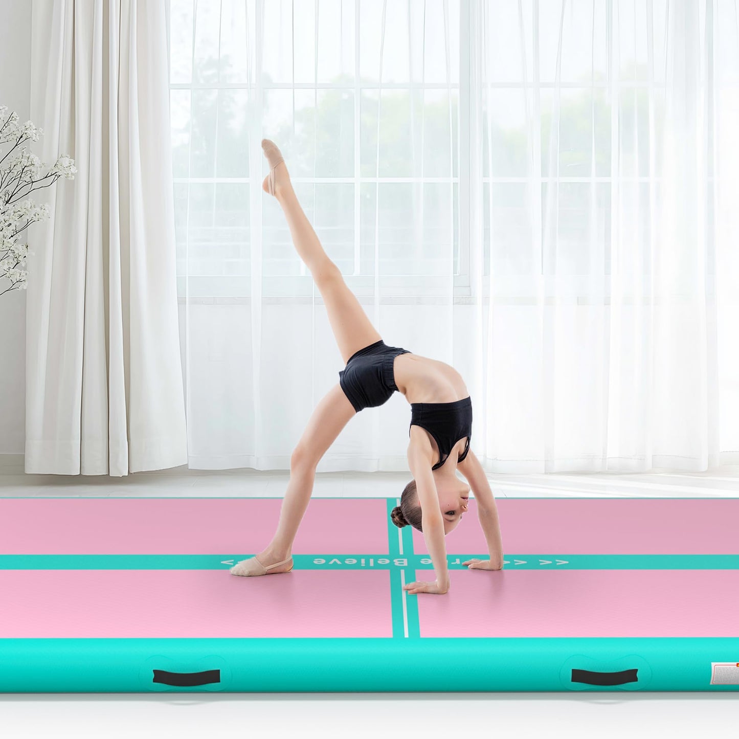 FINCOME Inflatable Gymnastics Mat Air Tumble Track Mats 10/13/16/20ft Training Mats for Home Use Air Mat with Pump 4”/6” Thick for Cheerleading/Yoga/Parkour/Beach/Park/Water