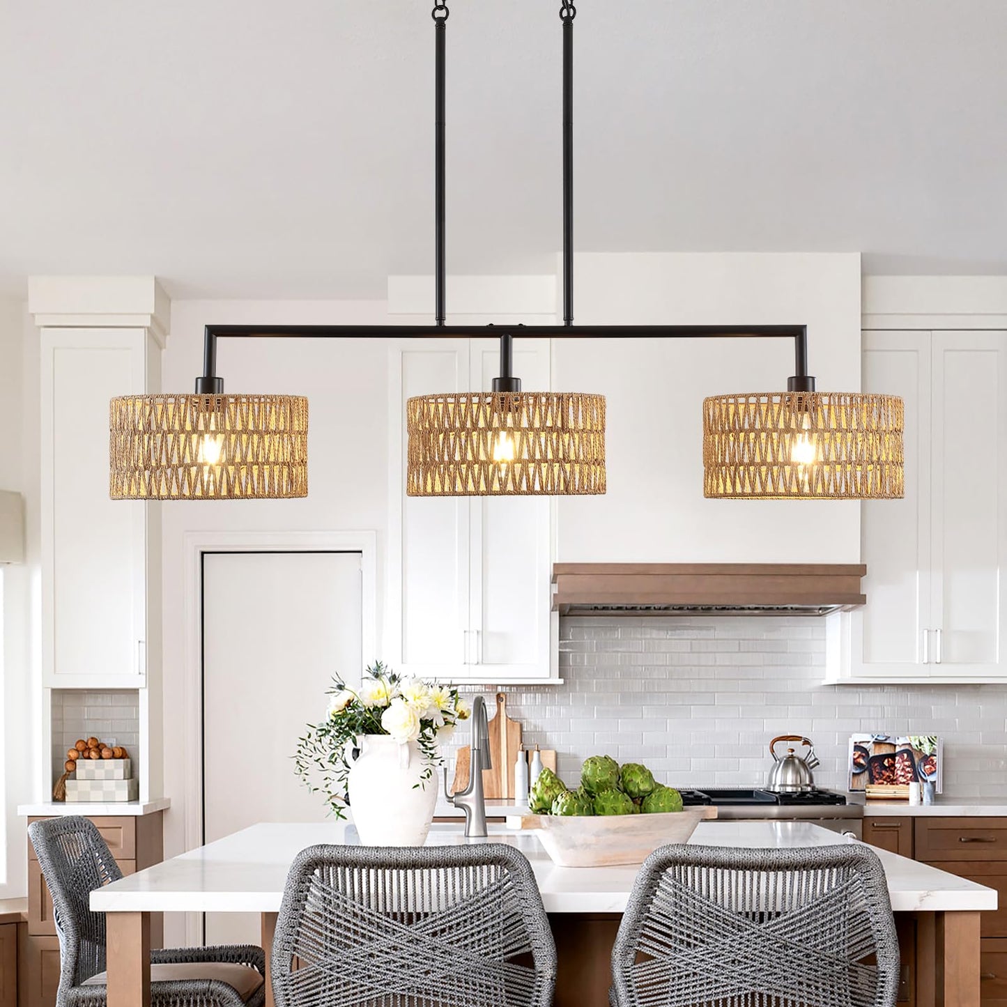 MRHYSWD 47" Hand Woven Rattan Chandeliers for Dining Room, 3-light Boho Linear Chandeliers Large Farmhouse Kitchen Island Lighting, Black Finish Pendant Light Fixtures Over Table, Bar, Living Room,E26