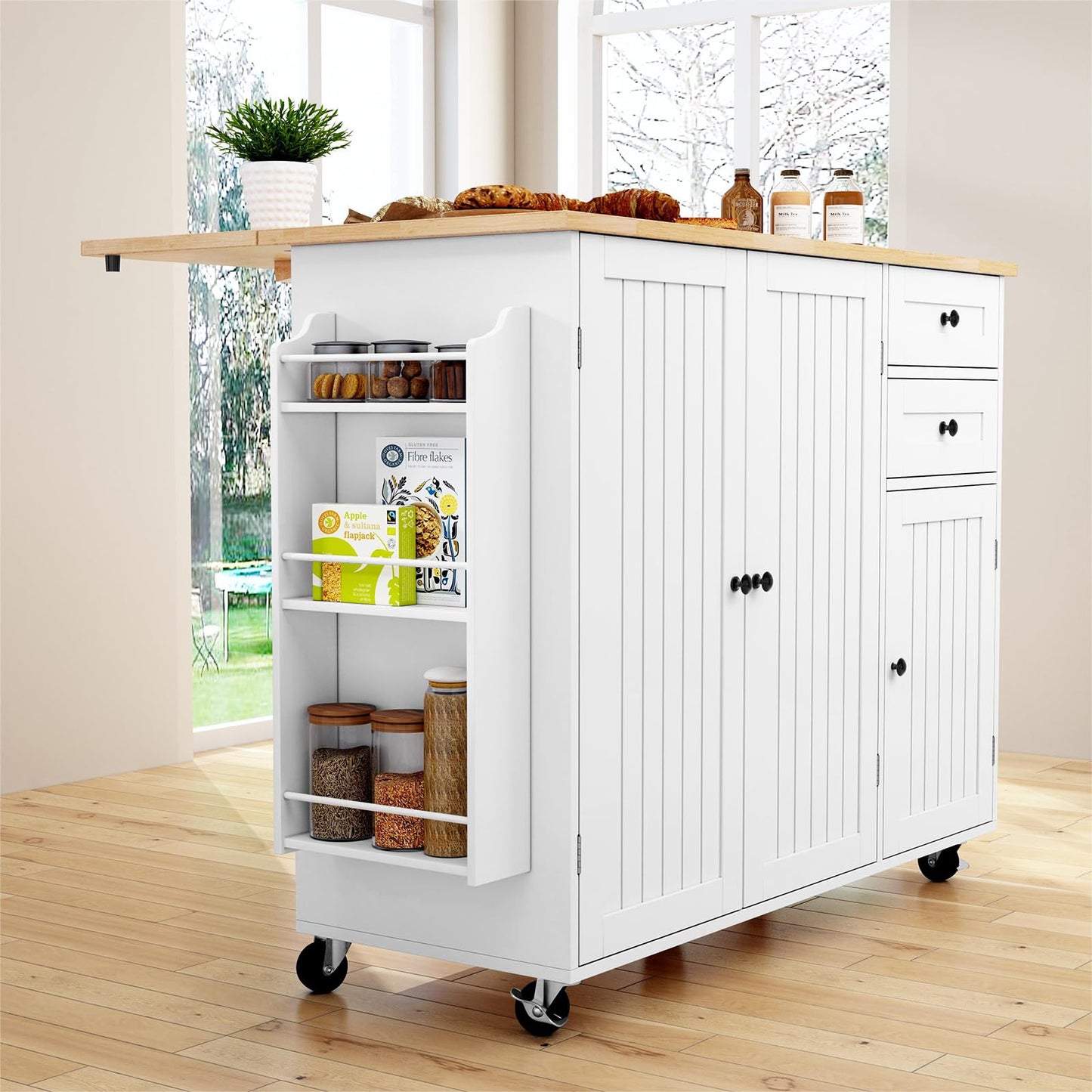 HLR Kitchen Island with Storage, White Rolling Kitchen Island on Wheels with Drop-Leaf Bar Countertop, Island Table for Kitchen with Side Open Spice Rack and Tower Rack, Extra Storage for Kitchen