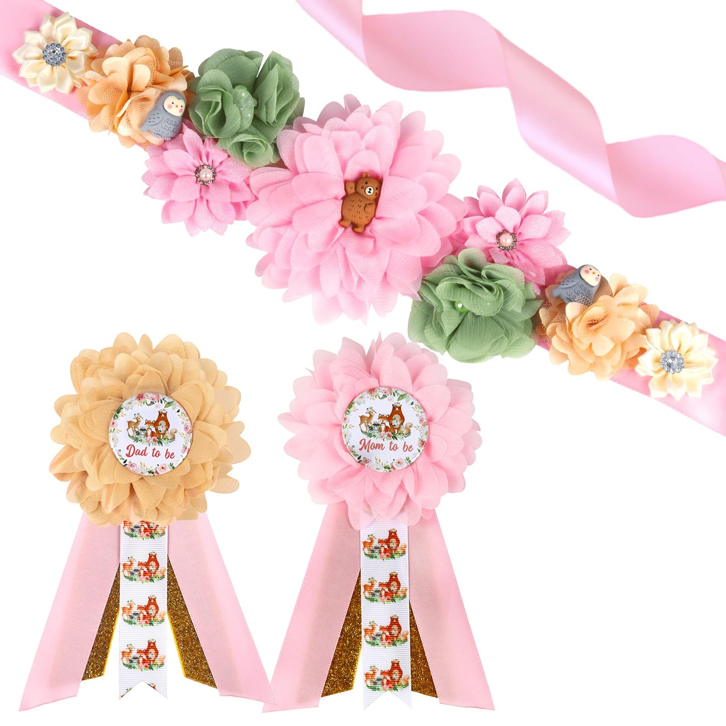 JOYMEMO Pink Woodland Animal Baby Shower Maternity Sash Kit - Woodland Theme Baby Shower Belly Belt and Mom to Be & Dad to Be Corsage Pins, Pregnancy New Parents Photo Props Party Supplies