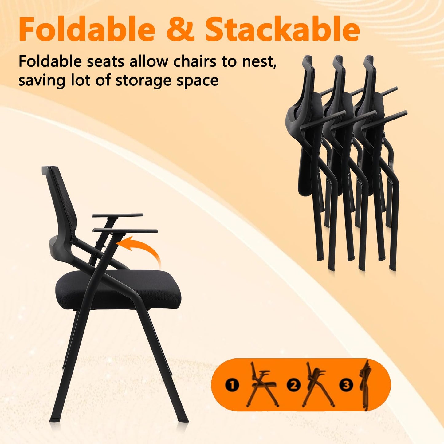 CLATINA Stackable & Foldable Office Chairs with Ergonomic Lumbar Support and Thickened Seat Cushion, Folding Mesh Fabric Reception Guest Chair for School Church Conference Waiting Room Black (6 pk)