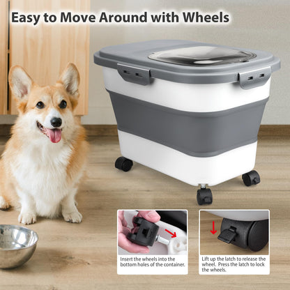 Viretec Dog Food Storage Container, 10-20Lbs Collapsible Pet Food Storage Containers with Rolling Wheel Airtight Locking Lid, Dry Food Storage Bin with Cup and Scoop,Suitable for Pet Food, Rice, Flour