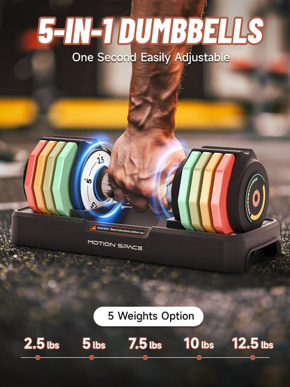 Adjustable Dumbbells Set 12.5LB/22.5LB Pair, 1-Sec Fast Adjustable 5 Weights by Turning Handle, Premium Comfort Non-slip Metal Dumbbells with Tray, Compact Size for Full Body Home Workout