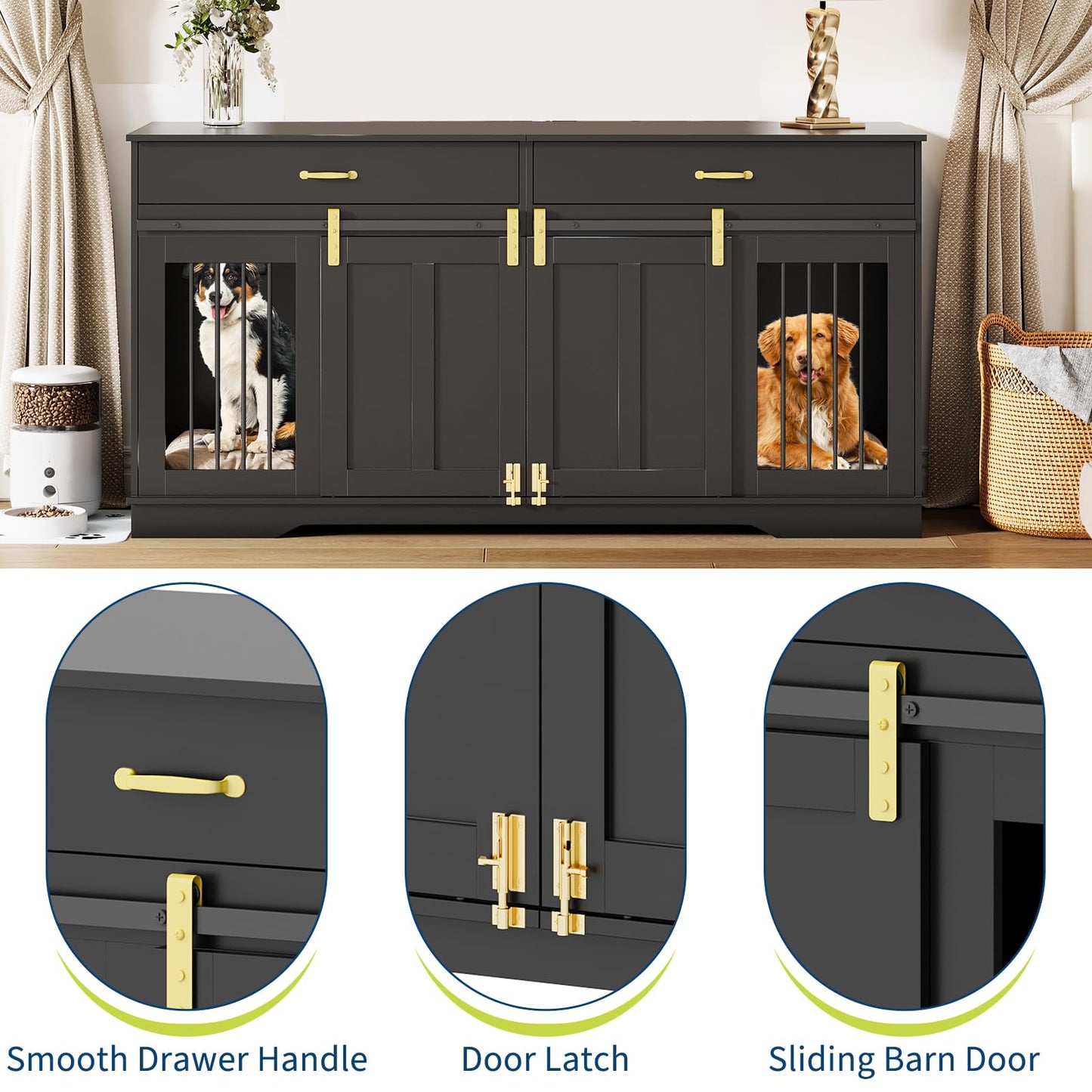GarveeHome 71'' Double Wooden Dog Crate Furniture for 2 Dogs, with Removable Divider, Sliding Door & 2 Drawers, Decorative TV Stand for Living Room, Fits Small Medium Large Dogs