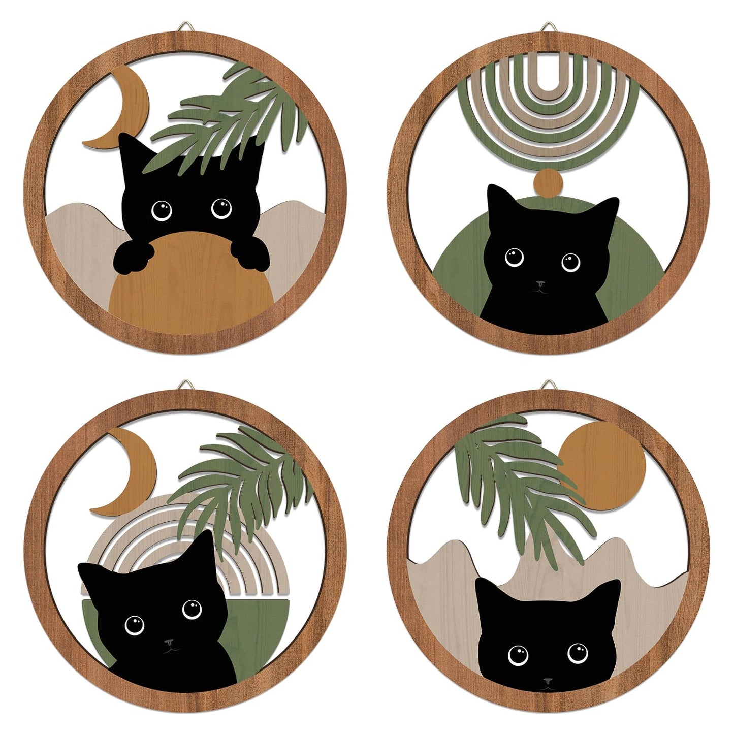 HPNIUB Boho Black Cat Wall Decor, Farmhouse Geometric Hanging Wooden Wall Art, 4 Pieces 10''x10'' Mid Century Bohemian Abstract Moon and Sun Wood Sign for Nursery Bedroom Decoration, Lovely Cat Gifts