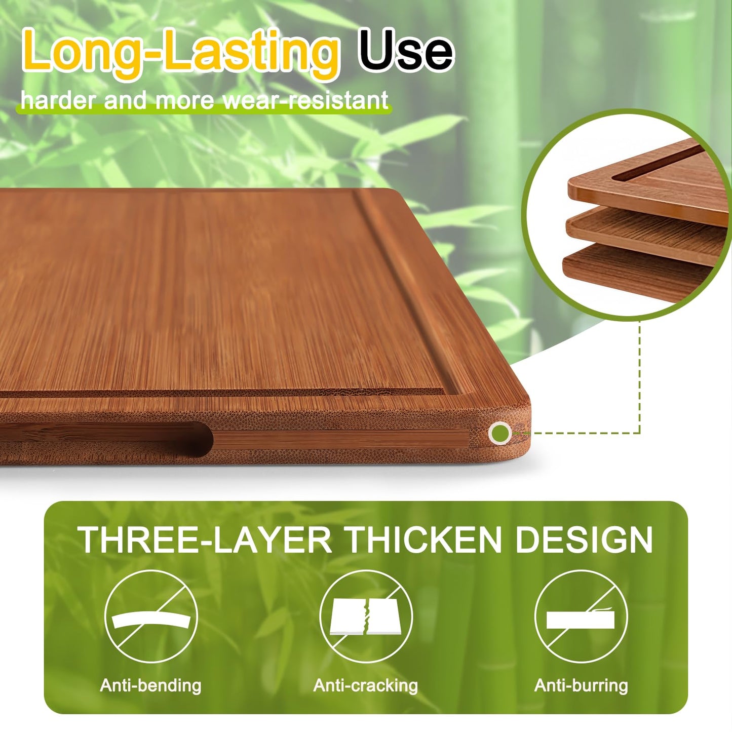 Homaxy Bamboo Cutting Board for Kitchen Set of 3, Wooden Cutting Boards with Non-Slip Mat Deep Juice Groove and Built-In Handles, Wood Chopping Board Set for Meat Fruits & Vegetables