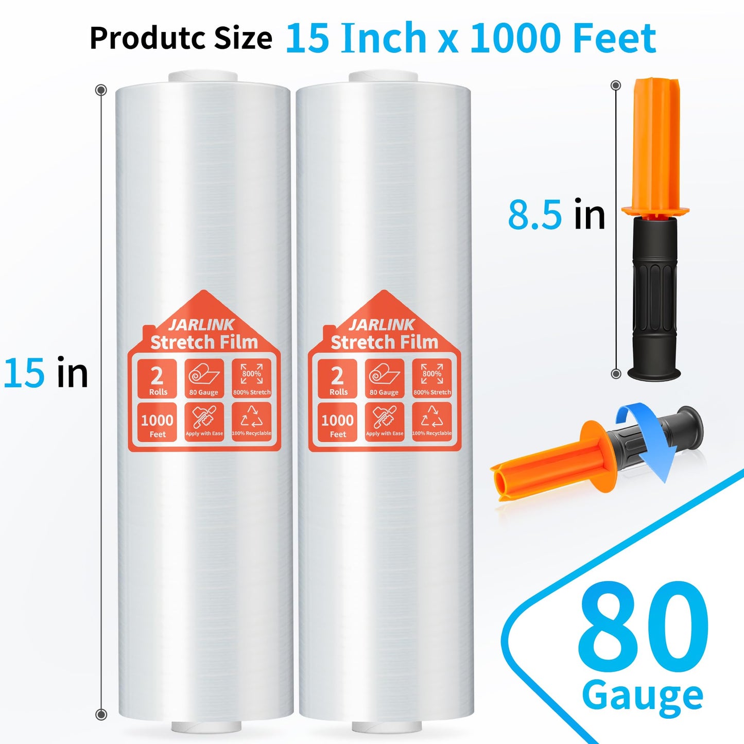 JARLINK Stretch Film, 80 Gauge,15 Inch x 1000 Feet Shrink Wrap for Pallet Wrap, Industrial Strength Stretch Wrap up to 800% Stretch with Handles, Moving Wrapping Plastic Roll, 2 Pack