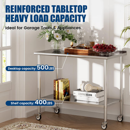 Chingoo Stainless Steel Work Table with Wheels, 24x60 Inch NSF Food Prep Table with Backsplash & Adjustable Undershelf for Commercial Kitchen, Restaurant, Garage