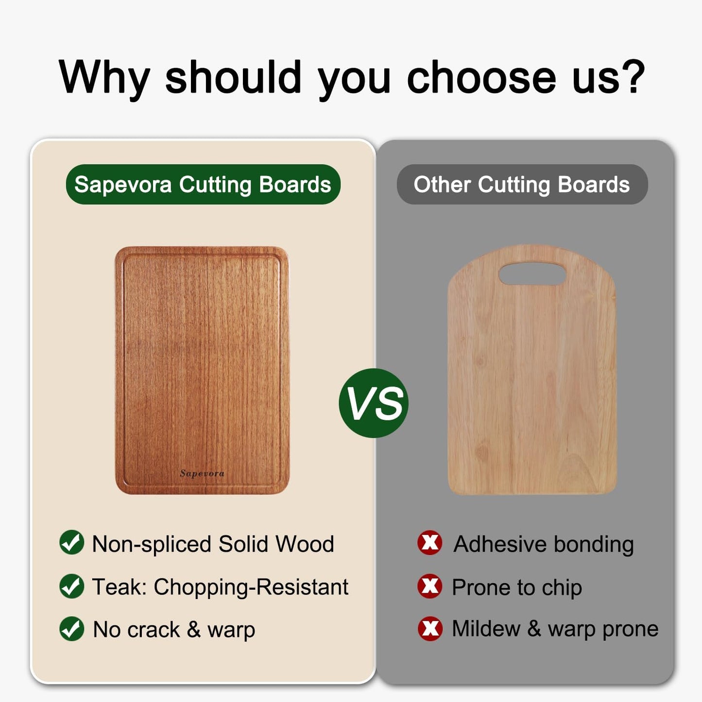 Sapevora Set 15x10.2&11.8X7.9 Solid Teak Wood Cutting Board One Piece Non Glued Large Thick Crack Resistant Wooden