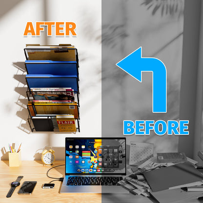 Mogbhw Magnetic File Holder, 6-Tier Foldable No Drilling Magnetic File Folder Holder, Space-Saving Black Magnetic Hanging File Organizer for Whiteboard, File Cabinets, Refrigerator, Office, Kitchen