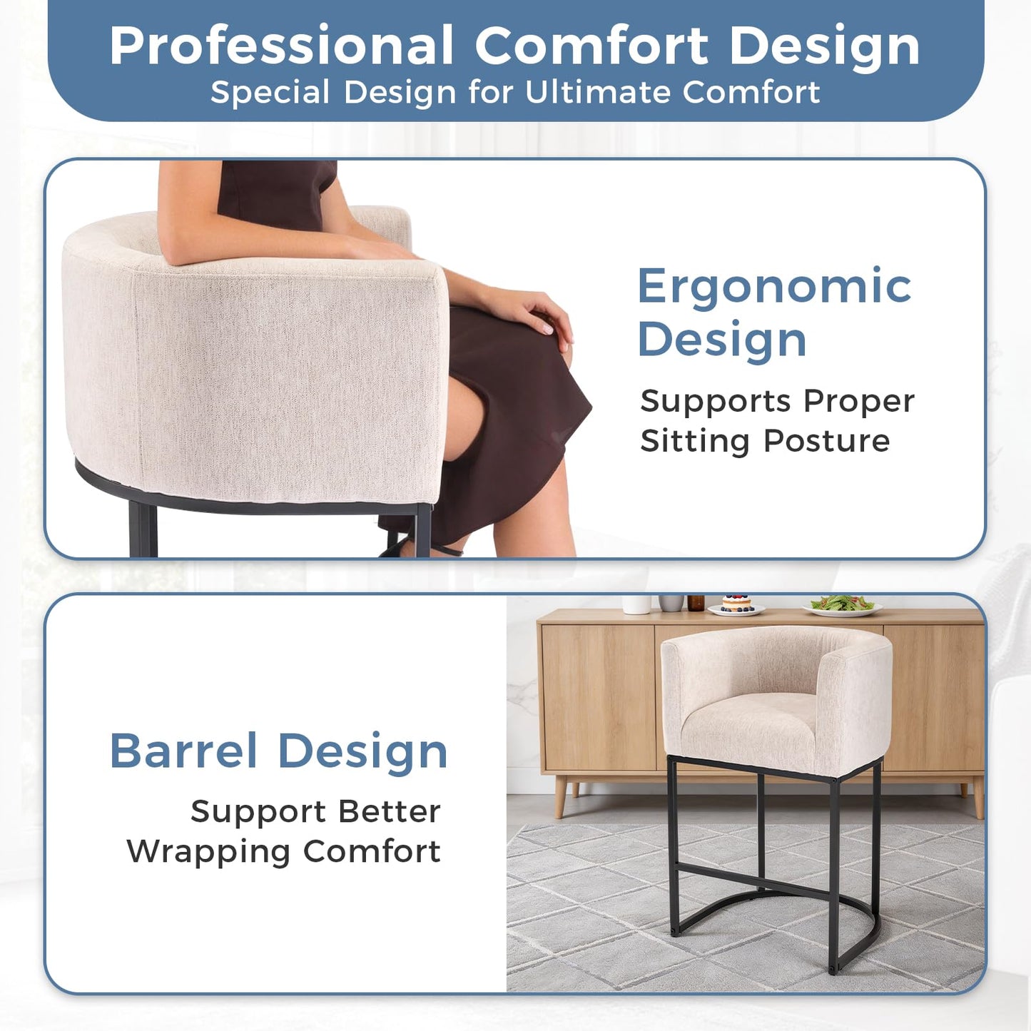 DUMOS Barrel Bar Stools Set of 4, Modern Counter Height Barstools with Linen Fabric Upholstered Seat, 350lbs Capacity Kitchen Island Chair, Bar Stools with Metal Sled Base and Footrest, Oatmeal