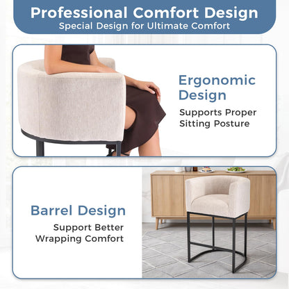 DUMOS Barrel Bar Stools Set of 4, Modern Counter Height Barstools with Linen Fabric Upholstered Seat, 350lbs Capacity Kitchen Island Chair, Bar Stools with Metal Sled Base and Footrest, Oatmeal
