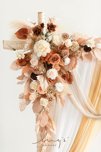 Ling's moment Fall Wedding Arch Flowers with Sheer Drapes Kit - Artificial Rust Boho Floral Arrangements for Ceremony Backdrop, Arbor Decor, Orabge 5-Piece Set (2 Flower Stems + 3 Hanging Drapes)