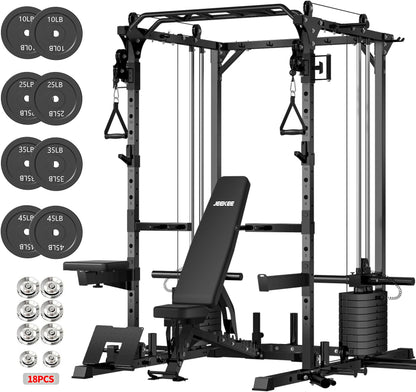 JEEKEE Power Cage with Cable Crossover System, 2200LB Heavy Duty Power Rack with Dual Pulley, 180LB Weight Stack, LAT Pulldown, 20+ Attachments for Home Gym,Black