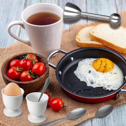 vibedor Egg Cups and Egg Cracker Set for Soft Boiled Eggs, 2 Stainless Steel Egg Cutter, 4 Stainless Stain Spoons and 4 Ceramic Egg Stands in Kitchen, Parties for Breakfast, Host