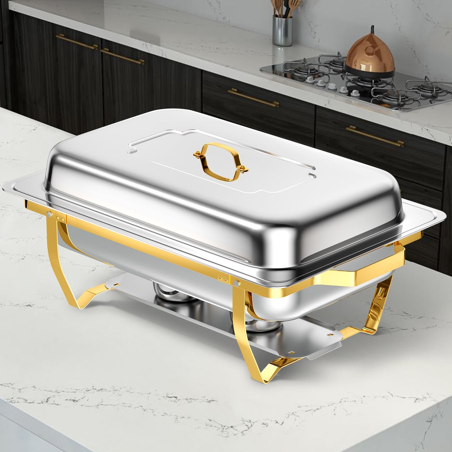 Keyoxy Chafing Dishes for Buffet, 8 Qt High Grade Chafing Dish Buffet Set, Rolled-Edge Design Food Warmers for Parties, Buffet, Wedding, Birthday, Camping 4 Pack 4 Pans [Half Gold]