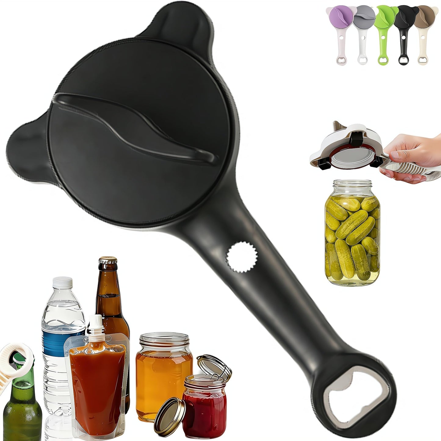 4-in-1 Adjustable Jar Opener – Stainless Steel Lid & Bottle Opener, Heavy Duty Easy Grip for Weak Hands, Fits 1–4 Inch Caps, Kitchen Tool for Seniors & Arthritis (Black)