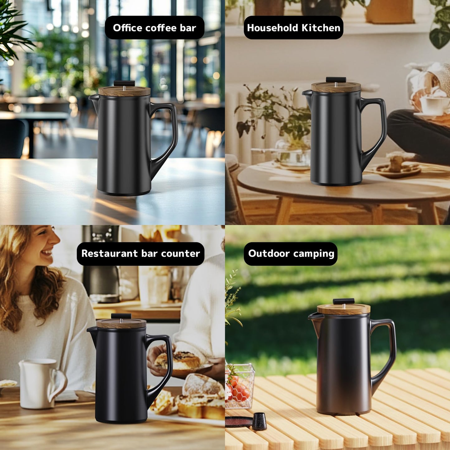 DHPO Ceramic French Press Coffee Maker, 22oz Single Serve Coffee Press with Walnut Wood Lid, Lead-Free, Food Grade Stainless Steel Filter with Dual Screen for Coffee and Loose Tea, Black