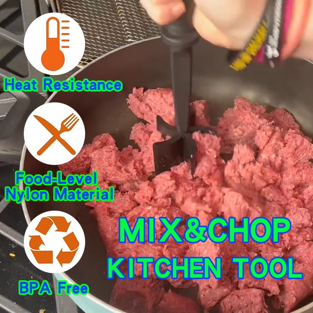 Meat Chopper and Masher, Premium Heat Resistant Masher and Smasher for Hamburger Meat, Ground Beef, Ground Turkey and More, Nylon Ground Beef Chopper Tool and Meat Fork, Non Stick Mix Chopper