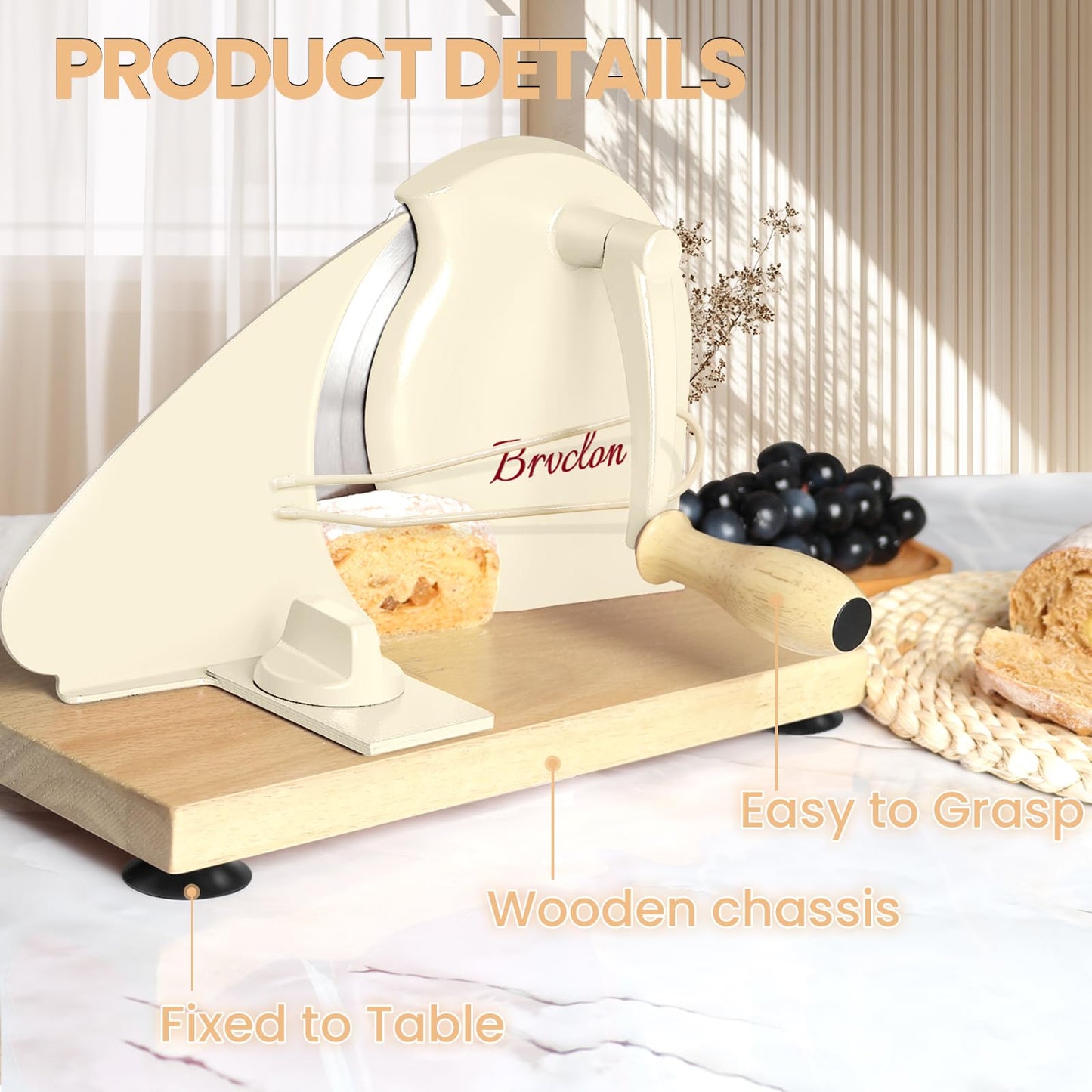 Brvclon Manual Bread Slicer Adjustable Thickness, Hand Crank Bread Slicer for Homemade Sourdough Bread with Scale Line & Suction Cup & Metal Guide,Quality Solid Wood Base & Gift-Level Packaging