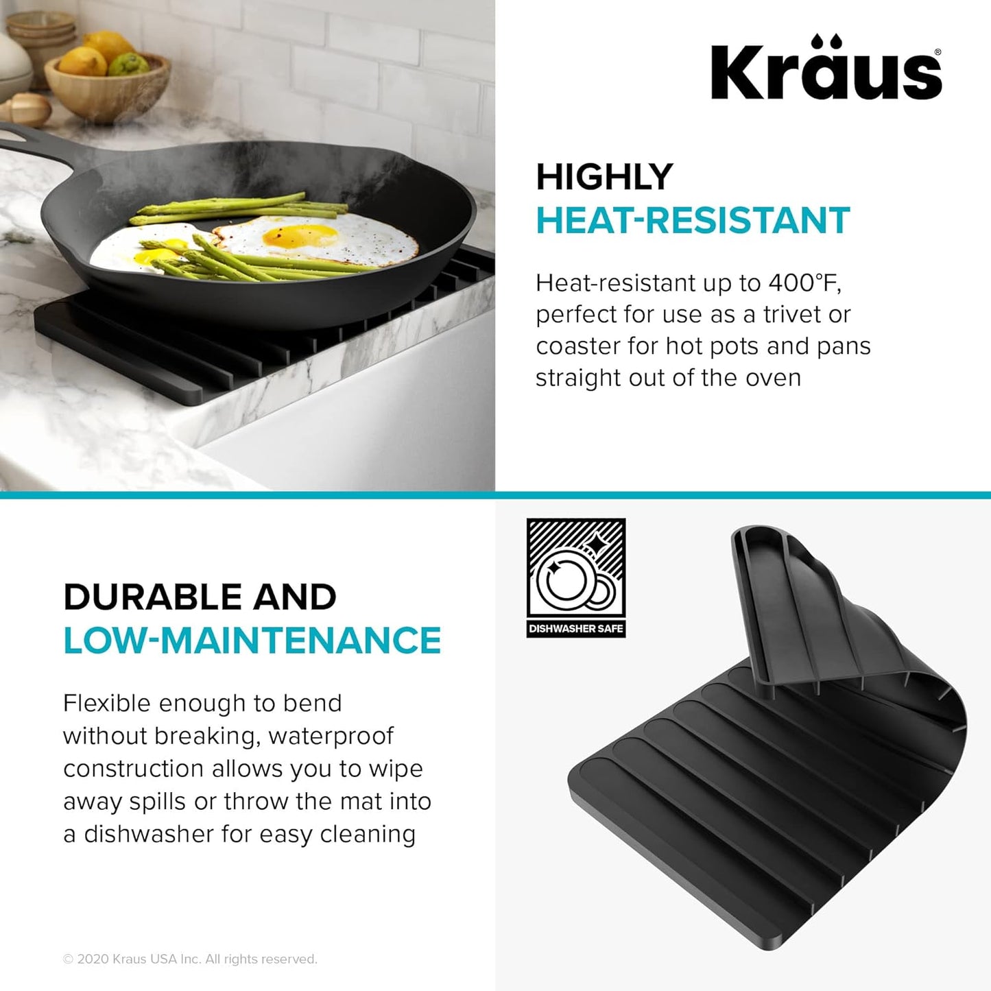 Kraus Self-Draining Silicone Dish Drying Mat for Kitchen Counter, Dark Grey, KDM-10DG