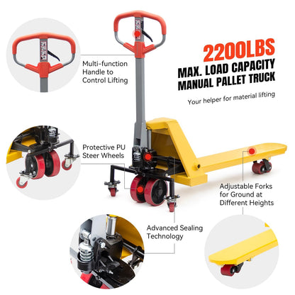 Single Manual Pallet Jack 2200 LBS Capacity Heavy Duty Hand Pallet Truck, Fork Size Nylon Wheels Industrial Hand Pallet Jack, Perfect for Warehouse Factory Garage and Material Handling Equipment