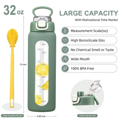 chunmo 32 oz Glass Water Bottles with 2 Lids-Handle Spout Lid & Straw Lid, 1 Liter Motivational Borosilicate Water Bottle with Time Marker and Silicone Sleeve,Leakproof-Olive-1 Pack
