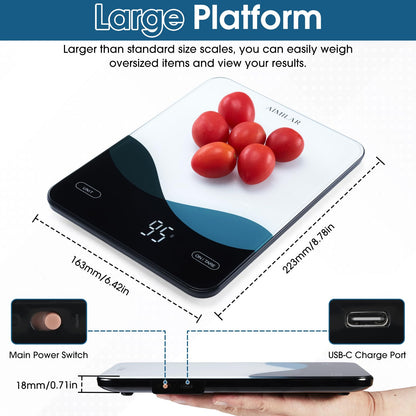 AIMILAR Bluetooth Kitchen Scale 10kg/22lb - Smart Nutrition Food Scale with App Calorie & Macro Tracker, Nutritional Analysis, USB-C Rechargeable, Tempered Glass, LED Display, Tare, g/lb:oz/oz/ml