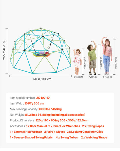 VEVOR Climbing Dome, 10FT Geometric Dome Climber with Saucer Swing, 1000LBS Loading Kid's Jungle Gym Playground, Easy-Assembly Outdoor Backyard Climbing Equipment for Boys Girls 3 to 10 Years Old