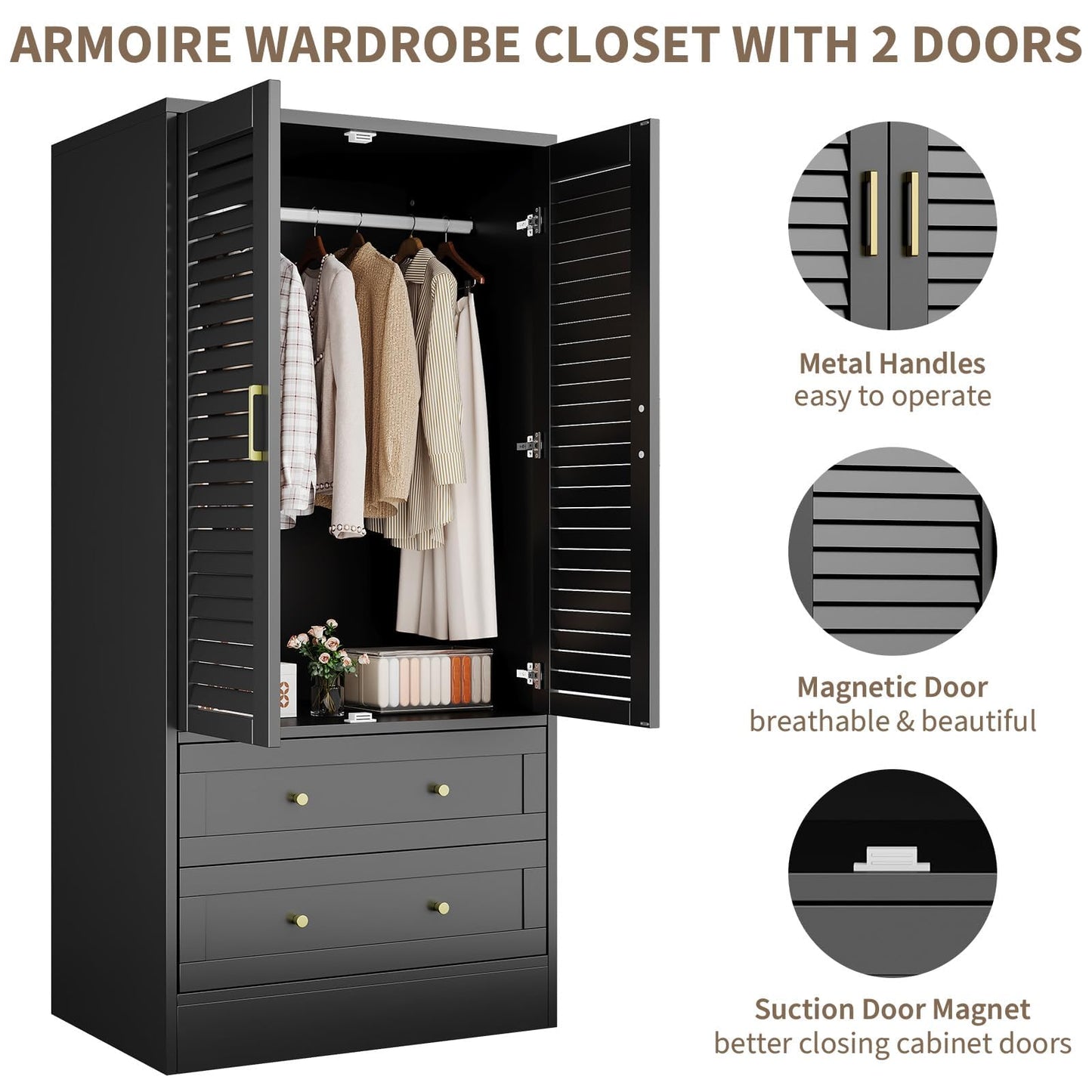 Garvee 65" Louvered Armoire Wardrobe Closet with 2 Doors and 2 Drawers, Large Capacity Storage, Wooden Wardrobe Cabinet with Hanging Rod for Bedroom, Cloak Room, Laundry Room, Entrance Hall, Black