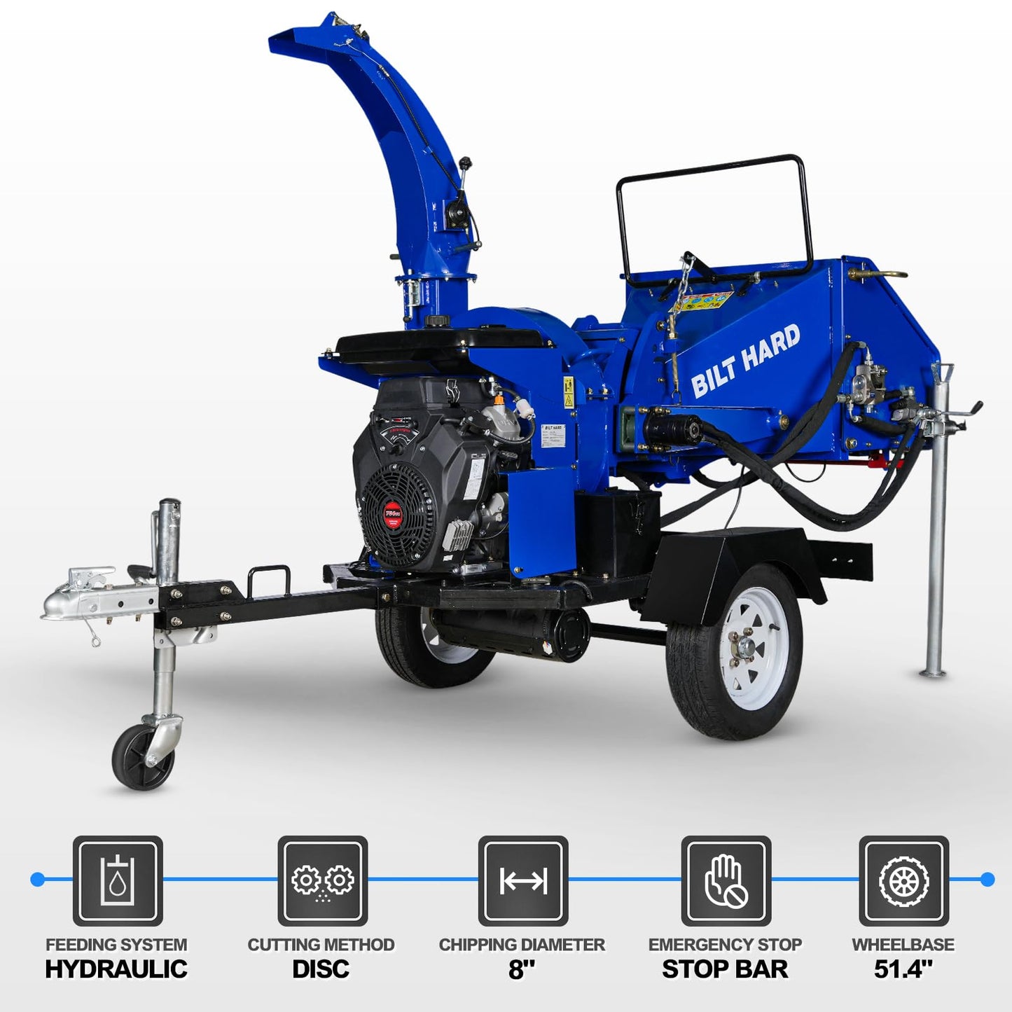 BILT HARD 8 Inch 764cc 25HP E-Start Gas Powered Hydraulic Feeding Wood Chipper, Towable Branch Shredder Mulcher with Tow Bar, Emergency Stop Bar and Tail Light