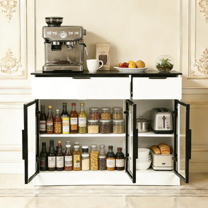Ntufrest Buffet Cabinet with Drawers, Buffet Storage Cabinet with Transparent Glass Doors, Kitchen Supplies Storage Cabinet, Wooden Coffee Bar Table for Dining Room,Living Room Entrance, White