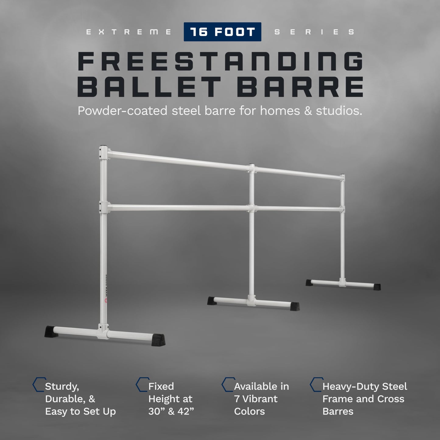VITA Barre Portable Freestanding Double Ballet Barre, Extreme, 16 Ft Bars, Satin Silver, Steel | Fixed Height, Made in USA, Home or Gym Exercise Equipment for Kids & Adults | Dance, Fitness, Pilates