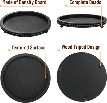 12", Bamboo Land- Round Decorative Trays for Coffee Table, Black, Wood Tripod & Beaded Design, Wooden Round Tray