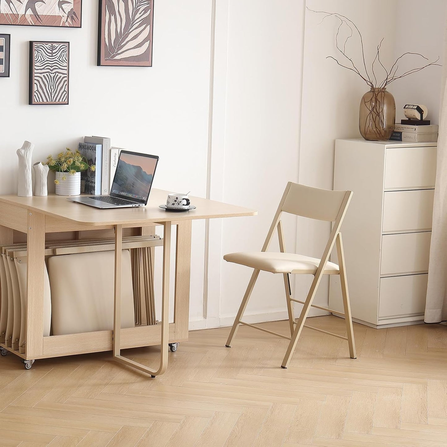 VASTATIO Folding Dining Chairs and Table Set, Space-Saving Dining Table and 2 Padded Steel Frame Folding Chairs(Wood), Drop Leaf Dining Table with Extra Large Storage Space and 2 Drawers