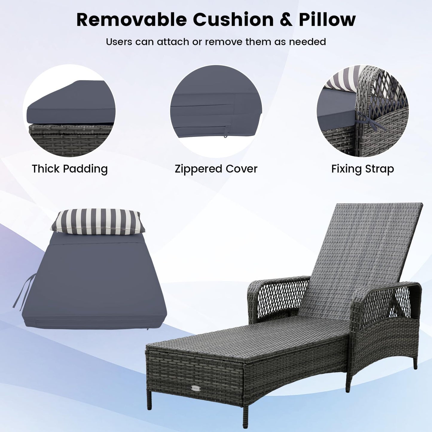 HAPPYGRILL 2PCS Patio Rattan Chaise Lounge, Outdoor PE Wicker Sun Lounger with Adjustable Backrest, Cushion & Pillow, Reclining Sunbed for Balcony Poolside Yard (Mix Gray & Gray)