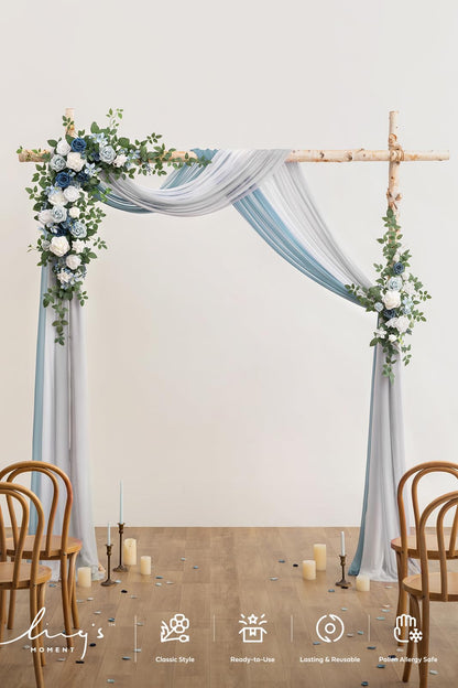 Ling's moment Artificial Wedding Arch Flowers with Drapes Kit-Pack of 5, 2pcs Flower Arrangements 3pcs Hanging Sheer Drapes Sage Ceremony Arbor Backdrop Rose Floral Decorations, Dusty Blue