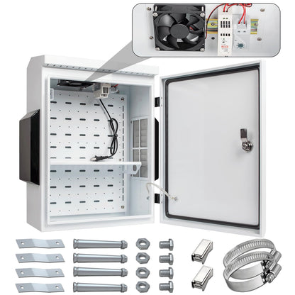 Outdoor Electrical Box with Thermostat and Fan, Cold-Rolled Steel Plate, Aluminum Alloy Back Beam, One-Piece Ventilation Design, IP65 Waterproof, Wall/Pole Mounted. (19.6" x 15.7" x 7.9")